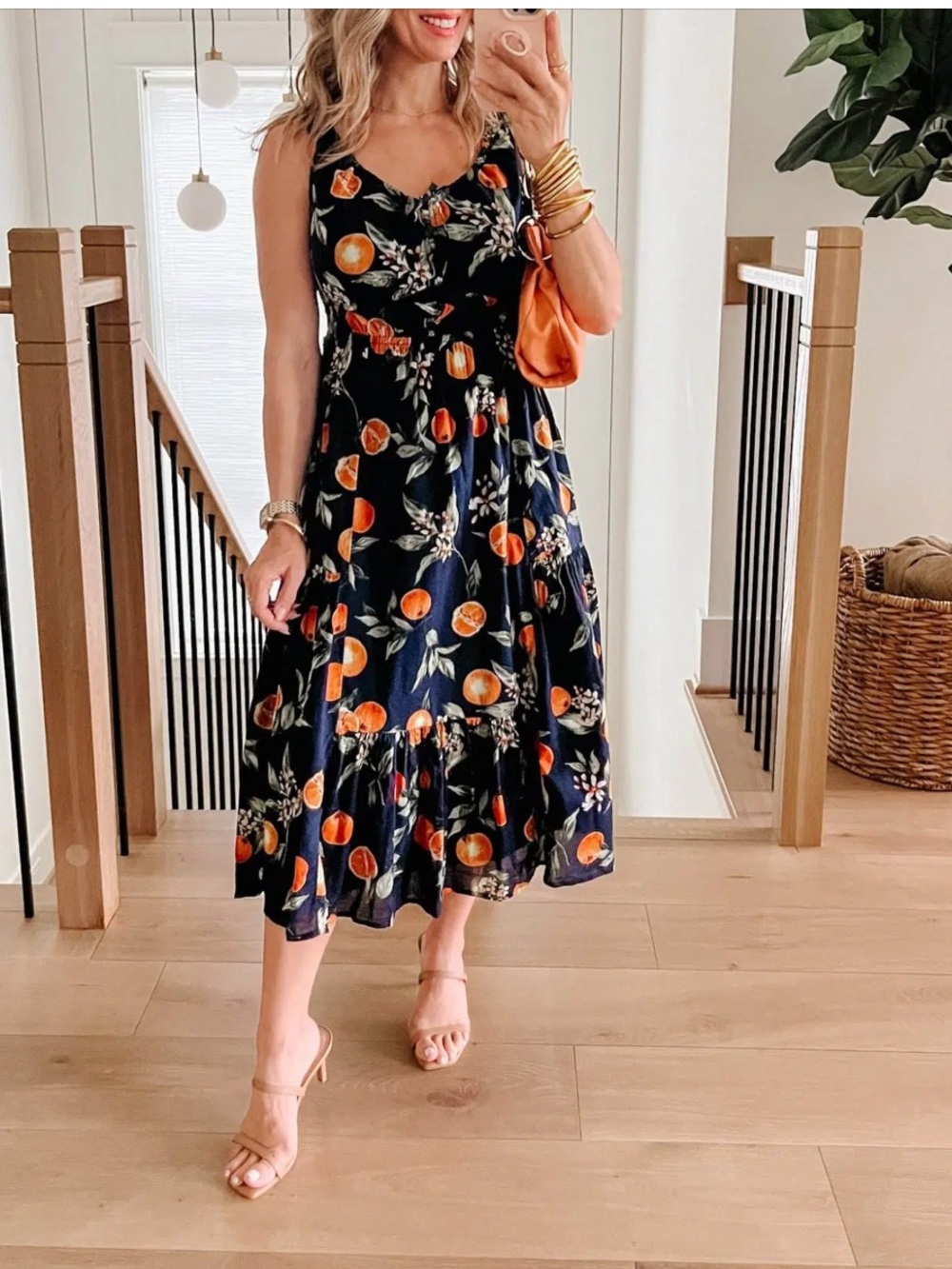LOFT Orange Harvest Floral Sleeveless Cotton Summer‎ Maxi Dress SZ 8P Navy